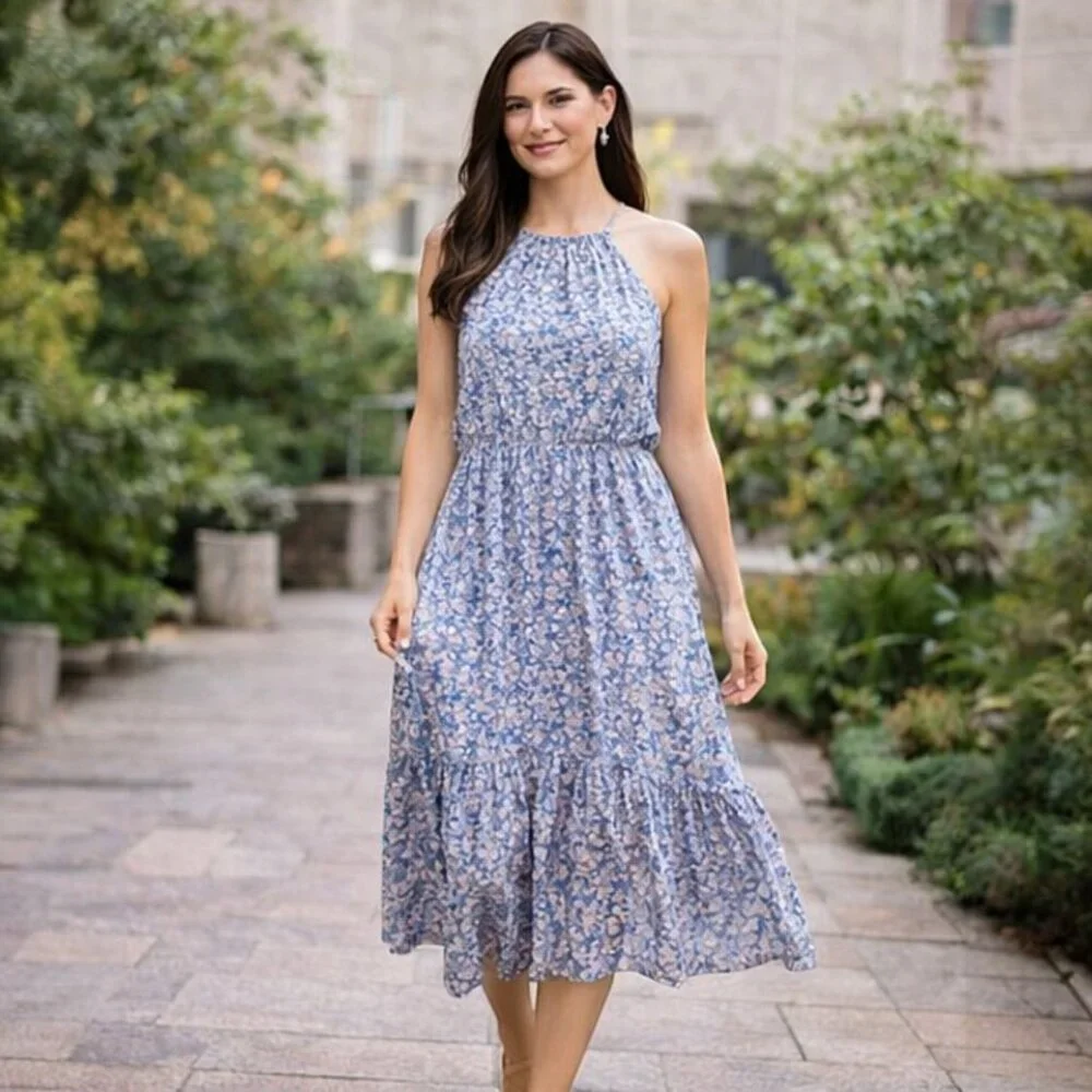 Lush Sky Blue Floral Tiered Ankle Dress | Elastic Waist Sleeveless Halter - S - Picture 3 of 7